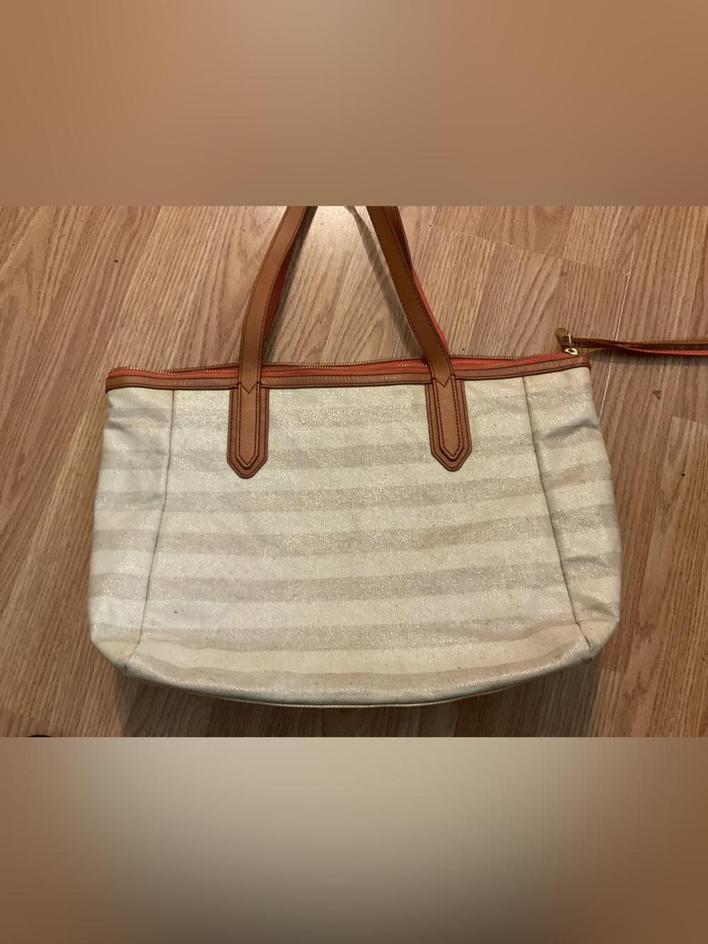 FOSSIL SYDNEY SHOPPER TOTE COATED CANVAS BAG TAN ORANGE INSIDE 17x11 BEACHY FEEL